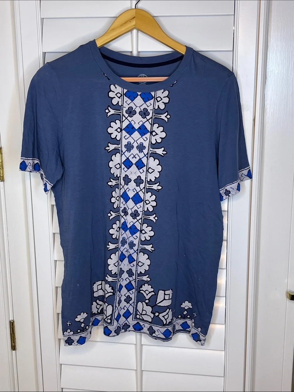 Tory Burch Pima Cotton Graphic Print T-Shirt Blue White Size L NWOT